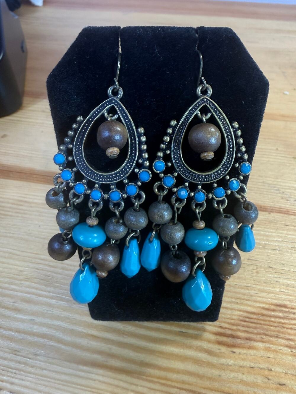 Boho Turquoise Color Wood Bead Chandelier Earrings Bronze Tone 3" Dangl